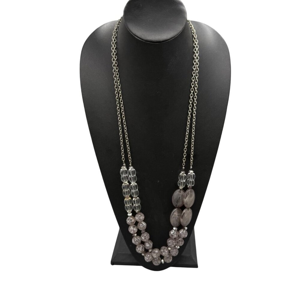 Chicos Double Strand Chain Necklace Belt Clear Gray Glass Beads 40"